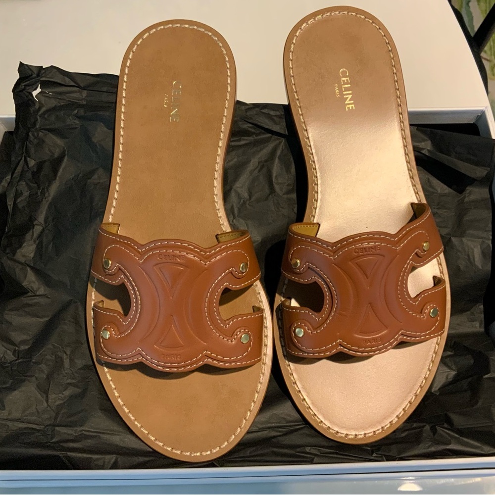 Celine Triomphe Tan Leather Slide Sandals